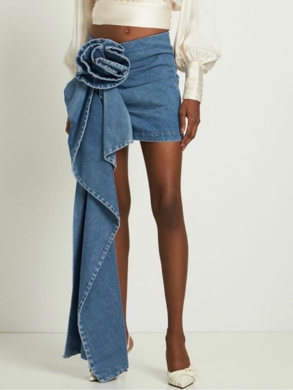 Magda Butrym NWT Blue Denim Mini Skirt with Sculptural Side Rosette